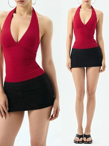 Women Halter Tank Top V Neck Slim Fit Backless Viscose Spandex Camisole With Chest Pads
