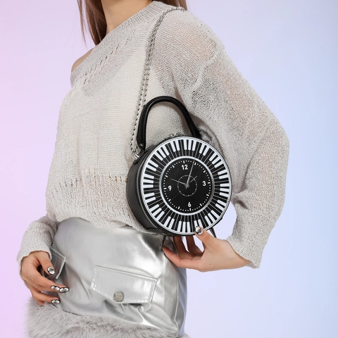 Sac À Bandoulière Rond Créatif Cuir PU Imprimé Horloge Piano Sac À Main Chaîne Nouveauté Mode Femmes