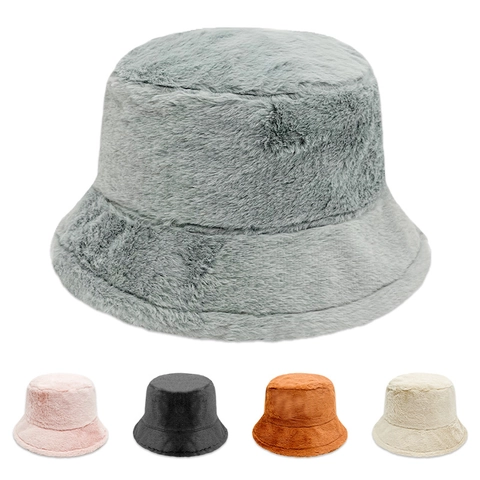 Women Faux Rabbit Fur Bucket Hat Thickened Warm Plush Winter Fisherman Hat With Adjustable String Chic Elegant