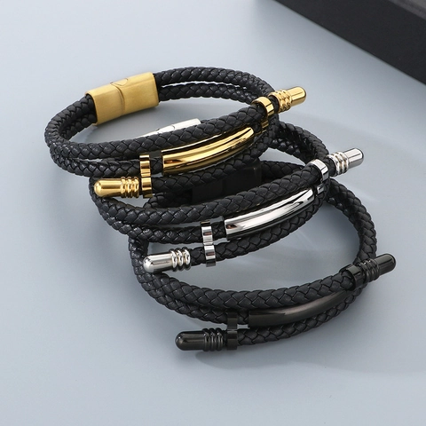 Pulsera De Cuero Trenzado De Múltiples Capas Para Hombre Con Cierre Magnético De Acero Inoxidable Joyería Punk