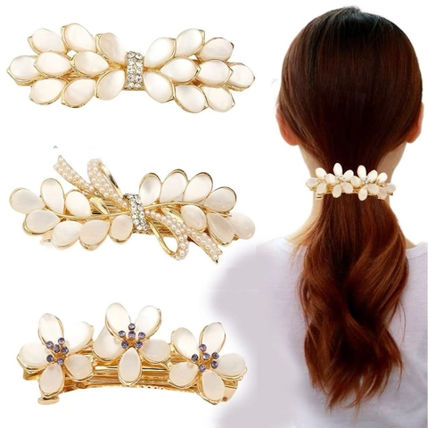 Elegant Korean Style Bow Flower Hair Clip With Alloy Rhinestone Synthetic Cat Eye Stone And Faux Artificial Pearl For Women