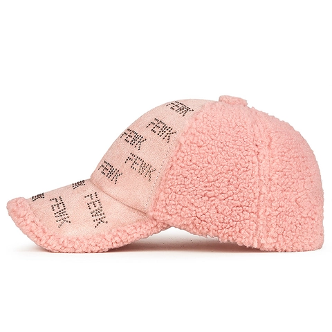 Women Fashion Sherpa Fleece Baseball Cap Rhinestone FEWK Letter Warm Winter Autumn Adjustable Outdoor Sport Duck Tongue Hat