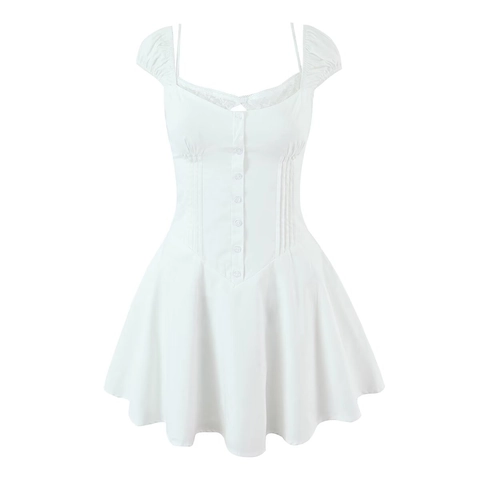 Weißes Minikleid Puffärmel Spaghettiträger Spitzenbesatz Knöpfe Süßer Lolita-Stil Damen Sommer