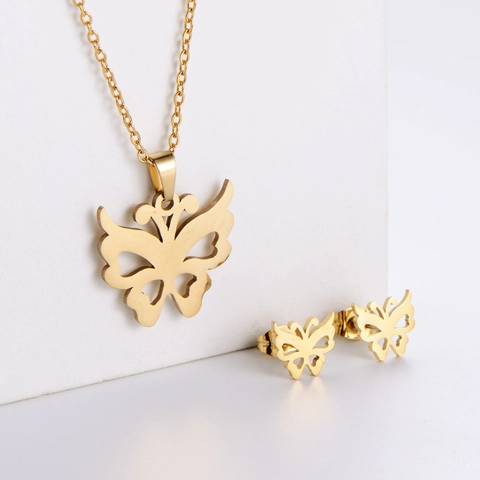 Gioielli Farfalla Acciaio Inossidabile Placcato Oro 18K Collana Traforata E Orecchini Per Donne Elegante Minimalista