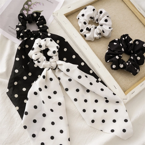Elastici Per Capelli A Pois Con Fiocco Nastro Chiffon Tessuto Elastici Per Capelli Per Donne Vintage Nero Bianco Copricapo