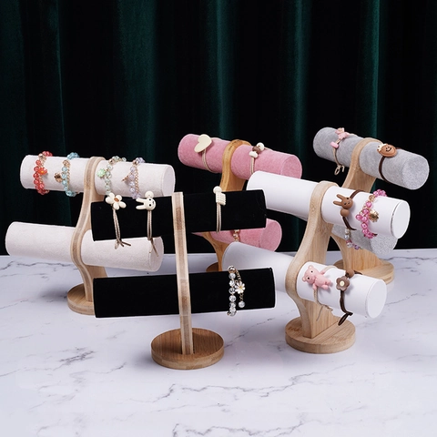 Soporte Para Joyas Bambú Niveles Terciopelo Cuero Porta Brazaletes Organizador Relojes Estante T-Bar Base Redonda