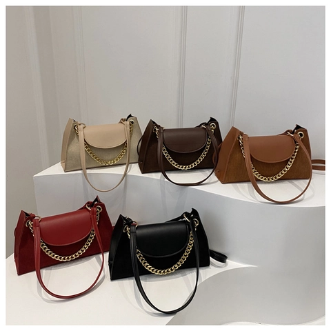 Vintage Cord PU Leder Patchwork Achseltasche Für Damen Mode Goldkette Schulter Umhängetasche Täglich Vielseitige Handtasche