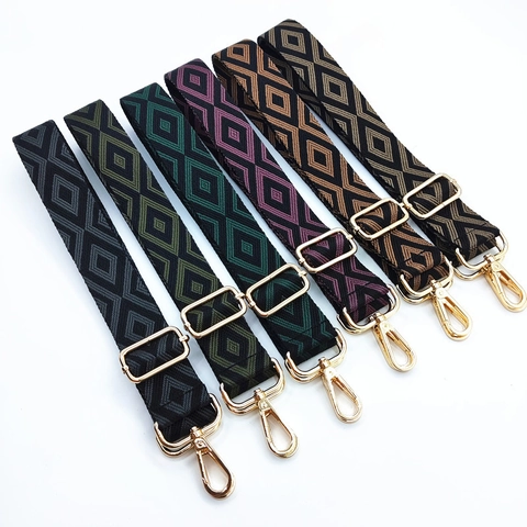 Adjustable Widened Bag Strap Ethnic Rhombus Geometric Pattern Polyester Cotton Replacement Belt Metal Buckle
