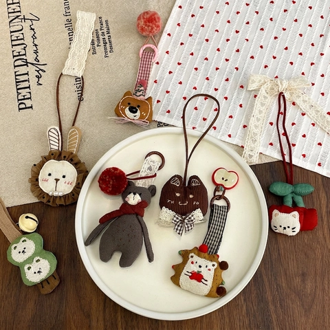 Portachiavi in Stoffa Animali Fatti a Mano Ciondolo Borsa Orso Coniglio Gatto Ricamato Ornamento in Tessuto Morbido Donna