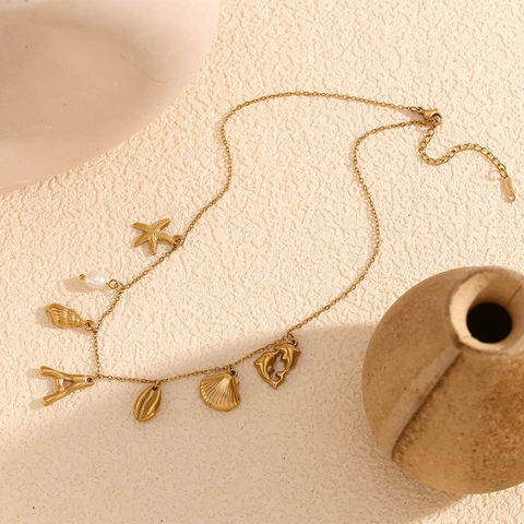 Collar con Colgante de Animales Marinos de Acero Inoxidable Bañado en Oro de 18K para Mujer Joyas Perla Artificial Estrella de Mar