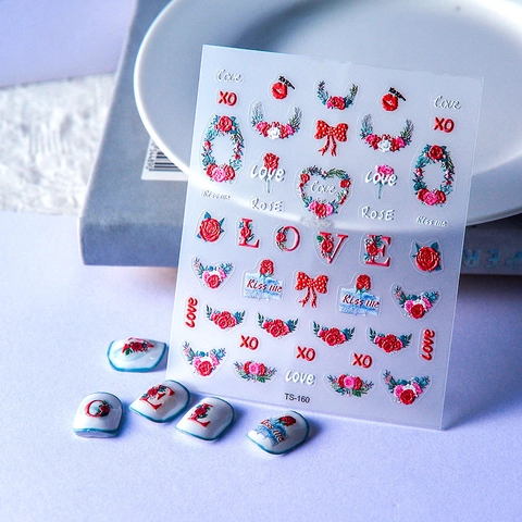 Stickers À Ongles Gaufrés 5D Rose Rouge Fleur Cœur Design Romantique Mariage Mariée Décoration Autocollants Manucure