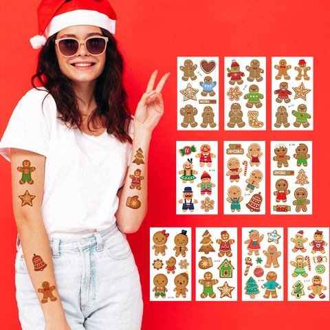 Adesivi Tatuaggi Temporanei Natale Omino Pan Zenzero Babbo Natale Cartone Animato Impermeabile Luminoso Arte Corpo Viso Bambini Festa