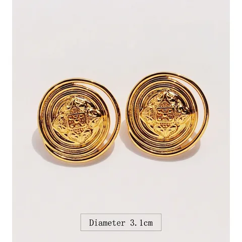 Vintage Gold Plattierte Kupfer Runde Knopf Ohrstecker Für Damen Übertriebene Geometrische Relief Ohrringe Mit 925 Silber Stift