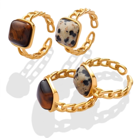 Square Tiger Eye Natural Stone Ring Titanium Steel 18K Gold Plating Vintage Chain Link Adjustable Open Geometric Jewelry