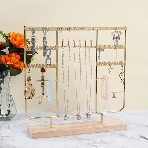 Jewelry Display Stand Metal Iron Organizer With Wood Base For Necklaces Earrings Bracelets Desktop Holder Rack