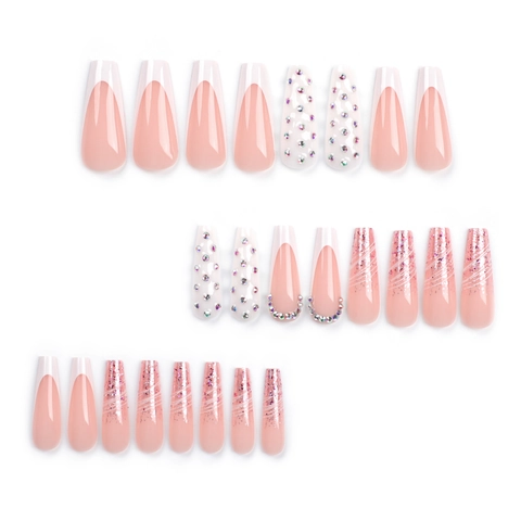 Unghie Finte Lunghe Coffin French Tips Bianche Glitter Rosa Linea Curva Strass Unghie Artificiali