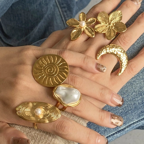 Bague Déclaration En Acier Inoxydable Plaqué Or Avec Künstliche Perle Fantaisie Fleur Lune Designs Rétro Ajustable Bijoux