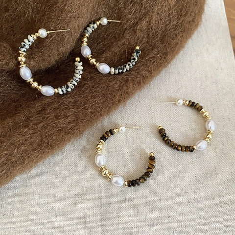 Retro C-Vormige Beaded Hoop Oorbellen Met Tijgeroogsteen Dalmatische Jaspis Kunstparel En 925 Zilveren Oorsteker