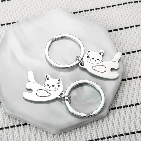 Porte-clés Chat Acier Inoxydable Forme Coeur Assorti Couple Pendentif Sac À Dos Dessin Animé Créatif Cadeau