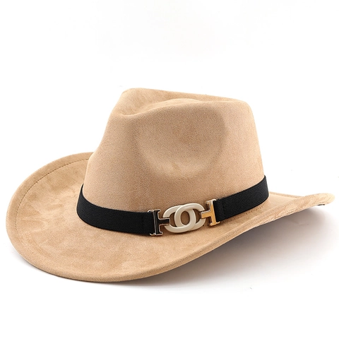 Western Cowboy Fedora Hat Suede Polyester Wide Brim Retro Jazz Cap With Metal Buckle Belt Adjustable Sun Protection