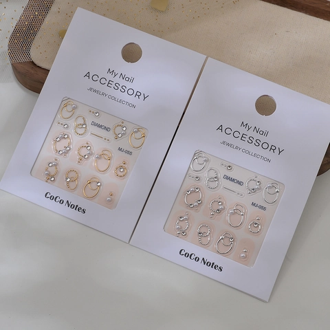 3D Embossed Nail Art Stickers Rhinestone Faux Artificial Pearl Metal Alloy Ring Waterproof Self-Adhesive Decals Elegant Jewelry