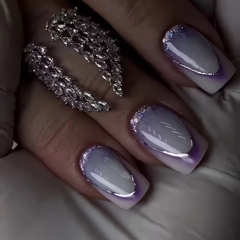 Uñas Postizas Francesas Degradado Morado Brillo Plateado ABS Cuadradas Redondas Elegantes Para Mujer