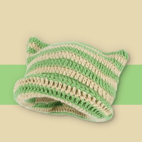 Striped Cat Ear Knitted Beanie Hat Warm Crochet Devil Ears Y2K Cute Kawaii Pullover Winter Cap For Women Girls