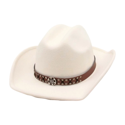 Western Cowboy Hat Polyester Felt Wide Brim With Studded Faux Leather Band And Bull Skull Decor Vintage Travel Accessory