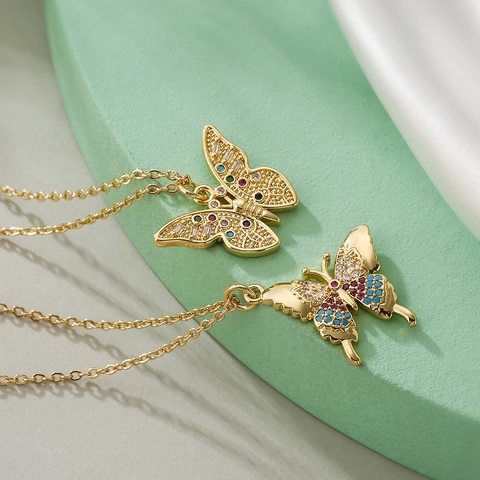 Collana Con Pendente A Farfalla Rame Placcato Oro Con Zirconi Colorati Stile Ins Catena Per Clavicicola Versatile Per Donne