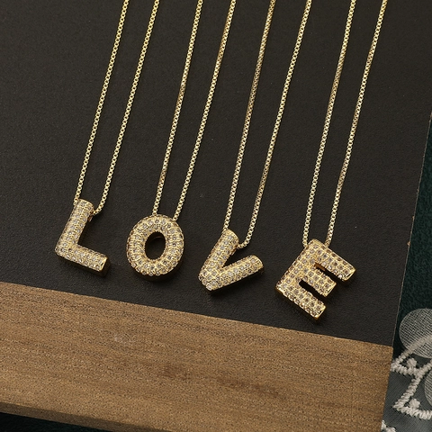 Personalized Gold Plated Copper Letter Pendant Necklace Pave Zirconia Initial A-Z Box Chain Jewelry For Women Daily Gift
