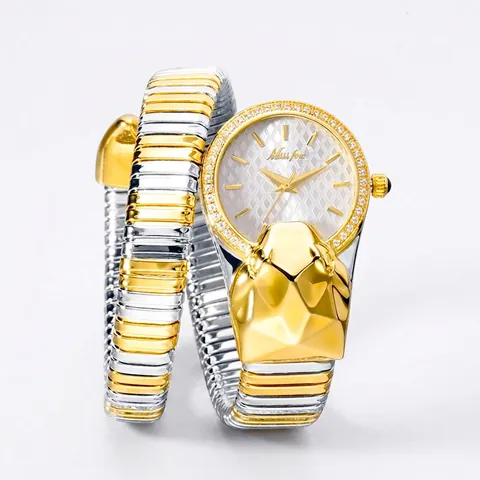 Missfox Luxurious Snake Shaped Wrap Around Bracelet Watch For Women Rhinestone Set Analog Quartz Waterproof Wrist Watch Jewelry Gift