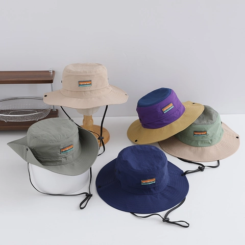 Chapeau Bob Enfant Nylon Séchage Rapide Protection Solaire Extérieur Alpinisme Color Block Pour Garçons Avec Corde