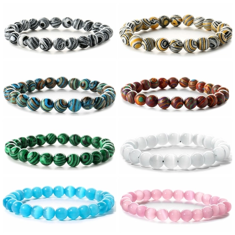 Natural Stone Malachite Cat Eye Bead Bracelet For Women Men Multicolor Striped Elastic Strand Beaded Energy Jewelry Gift