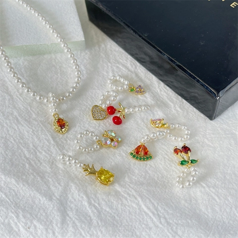 Faux Artificial Pearl Necklace Fruit Pendant Brass Gold Plated Detachable DIY Zircon Enamel Clavicle Chain For Women Jewelry