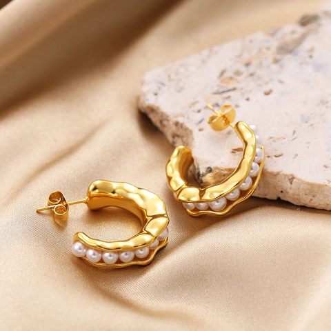 Orecchini a Cerchio a Forma di C a Baccello di Pisello Placcati in Oro Vintage Per Donna Gioielli in Acciaio Inossidabile Con Perle Artificiali