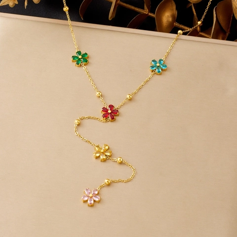 Collana A Forma Di Y Con Fiori In Strass Colorati Acciaio Inossidabile Catena Lunga Con Nappa Gioielli Per Donna