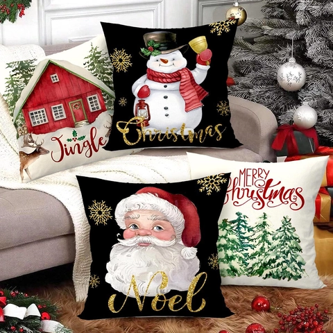 Christmas Pillow Case Cushion Cover Decorative Polyester Short Plush Santa Snowman Tree Print For Sofa Home Decor Festive