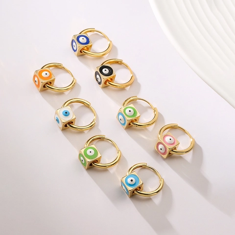 Boucles Oreilles Créoles Œil Maléfique Cuivre Plaqué Or 18K Pendentif Cube Émail Coloré Bijoux Géométriques Femmes