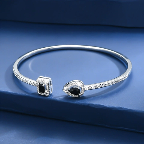 Elegant Open Cuff Bracelet With Asymmetric Pear And Rectangular Synthetic Zircon Micro Pave Copper Jewelry Women