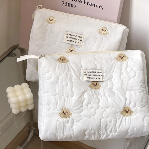 Trousse Cosmétique Matelassée Broderie Dessin Animé Pieuvre Fleur Organisateur De Toilette Sac À Main Fermeture Éclair