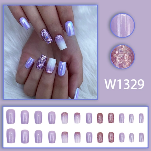 Purple Aurora Glitter Gradient Press On Nails Long Square Coffin Artificial Finger Nails Y2K Style
