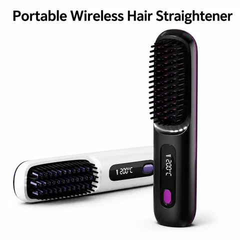 Wireless Hair Straightening Comb Negative Ion Ceramic Hair Straightener LCD Display Portable Rechargeable Anti-Scald