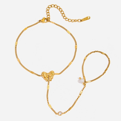 Bracciale Con Anello Farfalla Acciaio Inossidabile Placcato Oro 18K Perla Artificial Zircone Catena Per Mano Per Donne Dolce