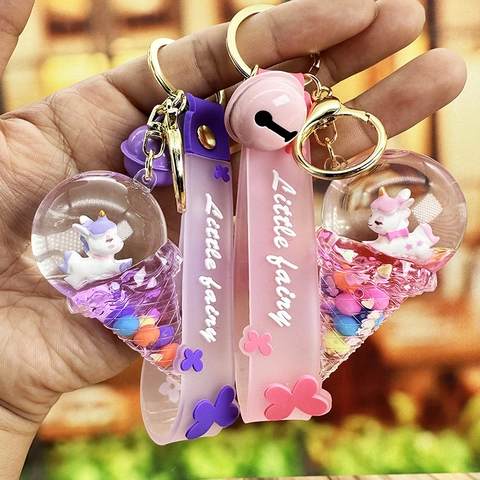 Unicorn Ice Cream Keychain Liquid Glitter Floating Acrylic Pendant With Bell And Silicone Strap Cute Bag Accessories