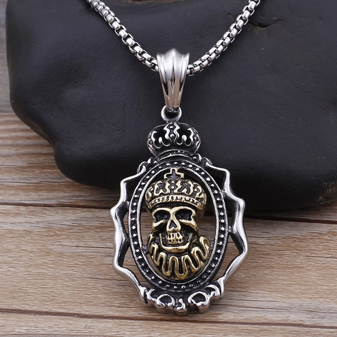 Collar Con Colgante De Calavera Y Corona Para Hombre Acero Inoxidable Hueco Hip Hop Punk Gótico Joyería Bicolor
