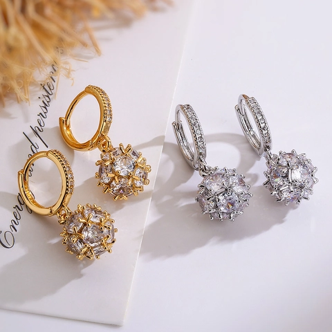 Geometric Pave Zircon Ball Hoop Earrings Copper Real Gold Plated Sparkling Drop Jewelry For Women Elegant Niche Fashion