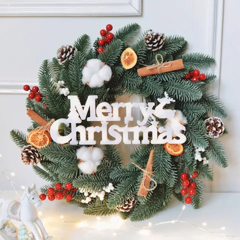 Artificial Christmas Wreath With Pine Needles Red Berries Cotton Pine Cones Cinnamon Dried Orange Slices Metal Bells