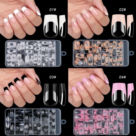 Uñas Postizas French Tip Press On Nails Forma Ataúd Cuadrado Almendra Manicura DIY Arte Para Mujeres Con Caja De Almacenamiento