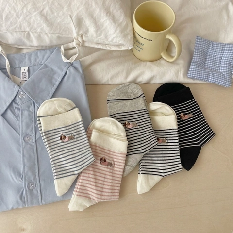 Damen Crew Socken Gestreifte Gekämmte Baumwolle Atmungsaktiv Casual Dackel Tier Stickerei Komfortabel Weich
