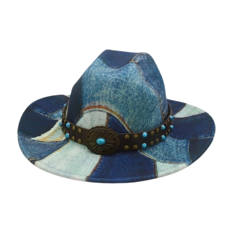 Vintage Western Cowboy Hat Denim Patchwork Cotton Polyester With Faux Leather Turquoise Belt Metal Buckle Wide Brim